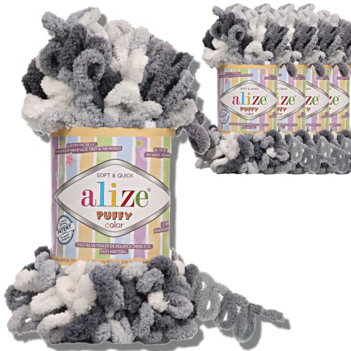 Alize 5x 100g Puffy türkische Wolle Super Bulky Chenillegarn Kuschelweich Babywolle Handstrickgarn zum häkeln weiches Chenille-Garn XXL-Knäuel für Amigurumi (5925)