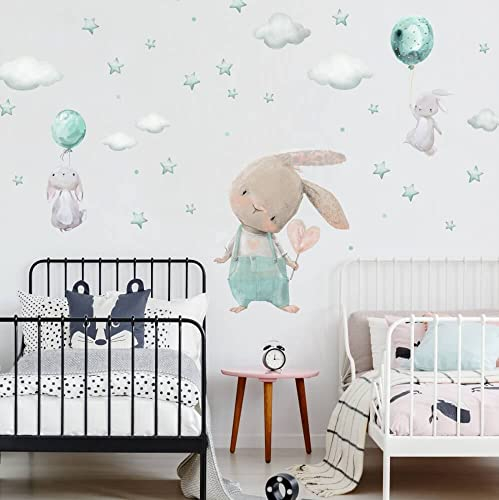 Inspio Adesivi da parete per bambini -Coniglietti con nuvole e palloncini. XXL adesivo da parete Sticker personalizzato aggiuntivo con il nome. 63 colori tra cui scegliere.