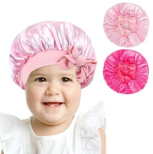 Arqumi Silk Satin Bonnet for Kids, 2Pcs Soft Baby Bonnet Sleeping Cap with Elastic Strap, Adjustable Night Cap Hair Bonnet for Toddler Child Teens Rose&Pink