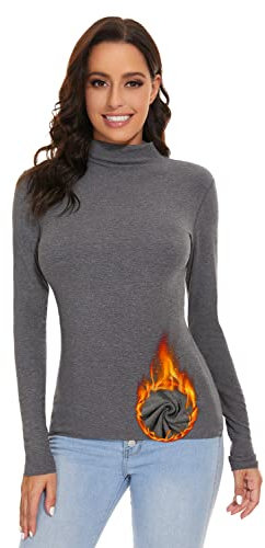 SIMIYA Basic Damen Thermo Rollkragenshirt: Slim Fit Thermounterwäsche Oberteil mit Plüschfutter Kuscheliger Langarmshirt Top Pullover Mock-Ausschnitt(Grau,S)