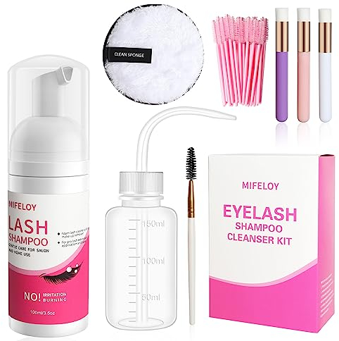 Eyelash Shampoo Cleanser Set, Eye Lash Extension Clean Mousse, Reusable Rinse Wash Bottle, Mascara Brush, Cleansing Brushes, Makeup Remover Pad, Disposable Microbrushes, Women Beginner Home Salon Use