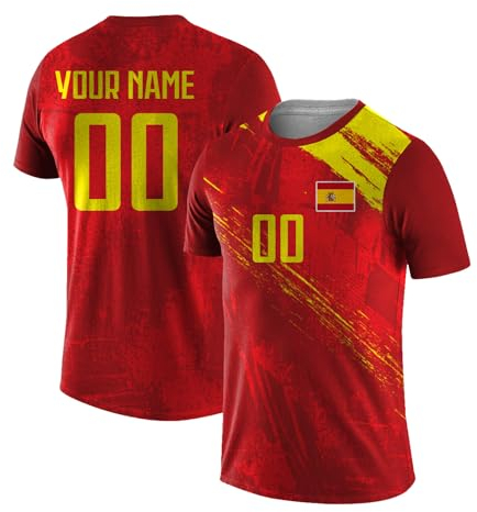 Yolovi Personalisiertes Fussballtrikot mit Namen Nummer Drucken Nationalflagge Sport Casual Trikots Fussballshirts für Herren Damen Jugendliche Spain