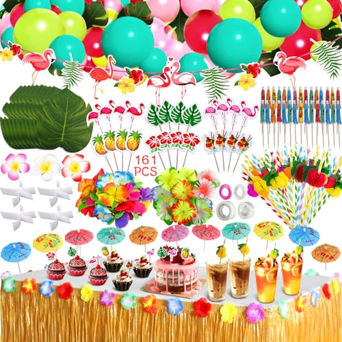 ZLPBAO 162 Stück Hawaii Party Dekoration Set mit Dekoration Ballon Hawaii Luau Tischröcke 9ft 3D Fruchtstrohhalme für Hawaii Party Dekoration Beach Tropischen Garten, und Zusammenkünfte im Freien