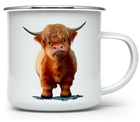 MAXIKIWI - Tasse à café ou thé en émail durable pour l'intérieur et l'extérieur – Aquarelle mignonne vache des Highlands – 350 ml