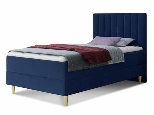 Boxspringbett Gold Mini mit Bettkasten, Bonell-Matratze und Topper - Einzelbett mit Matratzentopper, Polsterbett, Bett, Schlafzimmer, Jugendzimmer, Velours Stoff (Blau (Manila 26), 100 x 200 cm)
