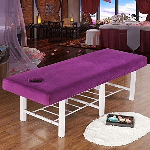 Chickwin Massageliege Bettwäsche mit Loch, Waschbar Samt Beauty Bettbezug, Elastizität Spannbetttücher Weiches Atmungsaktiv Massagebett Bettlaken für Spa, Schönheits (190x80cm,Lila)