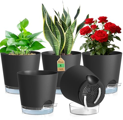 WSMKSZ 20cm Selbstbewässerungstopf, 5er Set Kunststoff Blumentöpfe, Schwarz | Pflanztöpfe mit Abflusslöchern & Transparentem Untersetzer, Sichtbarem Wasserstand, mit Baumwolldocht für Innen Außen