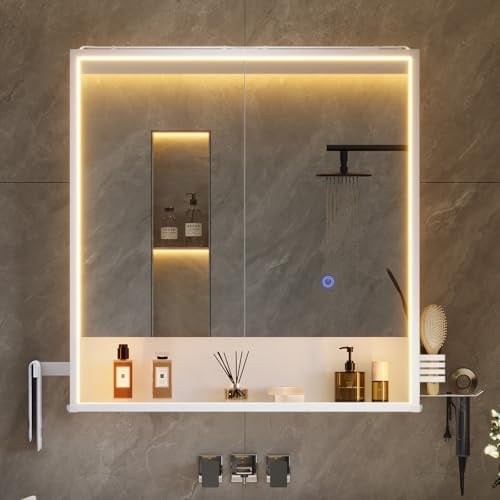 mojiasion 2-türiger LED-Spiegelschrank 70x78x18 cm, Badschrank mit Steckdose, Touch-Sensor & 3 dimmbaren Lichttemperaturen – inkl. Föhnhalter, Handtuchhalter & verstellbarem Einlegeboden – Weiß