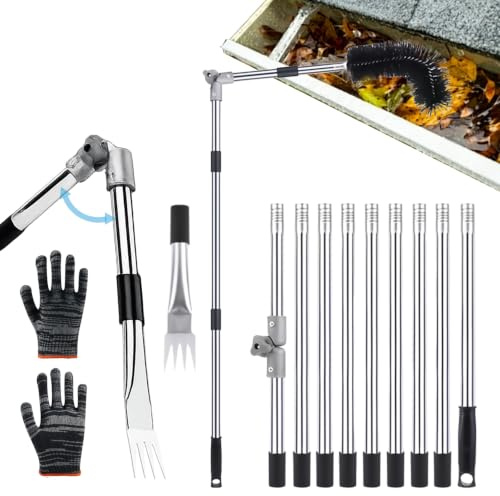 2-in-1 Telescopic Gutter Cleaner, 4M Stainless Gutter Cleaning Tool Kit | Ground Cleaning with Adjustable Angle Pole & Shovel, 9 Section Safe for Leaves, Debris, Cobwebs