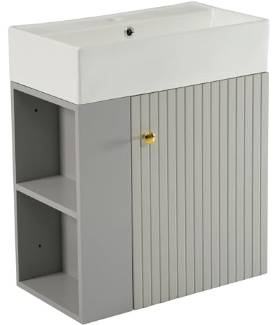 FurnitureR Hängewaschtisch 55 x 31 x 66,5 cm, Grau, wandhängend Badschrank mit Keramikbecken, 1 Türen, für Badezimmer Gäste-WC, Waschplatz, MDF Keramik, Badmöbel, kleine Räume, modern
