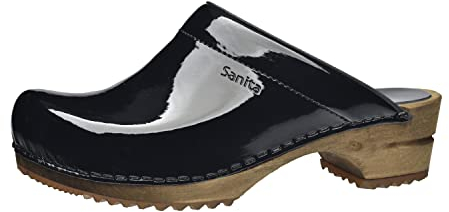 Sanita Classic offener Clog, Lackleder | Original handgemacht | Leder-Holzclogs für Damen| 38 EU | Schwarz