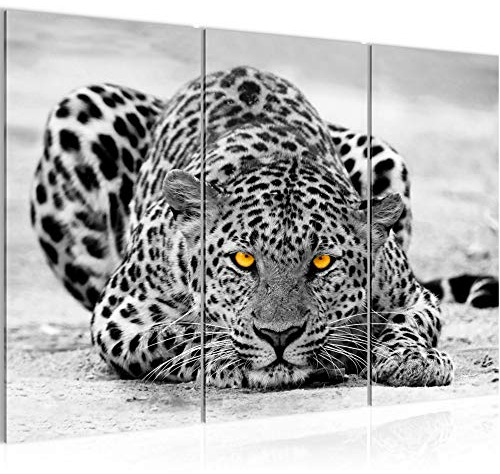 Runa Art Wandbilder Afrika Leopard Bild XXL Wohnzimmer Schlafzimmer Grau Gelb Raubkatzen 120 x 80 cm 3 Teilig 000331a