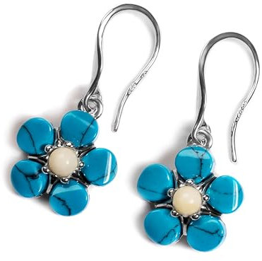 HENRYKA Forget-Me-Not Hook Drop Earrings in 925 Sterling Silver, Turquoise, Baltic Amber | Flower Jewellery | Gifts for Her