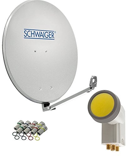 SCHWAIGER SAT-Anlage Aluminium Satelliten-Set XXL Satellitenschüssel Quad LNB digital 8X F-Stecker 7mm SAT-Antenne Komplettset Anthrazit 88 x 88 cm (Hellgrau (RAL7035))