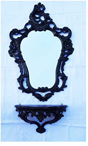 Lnxp 2-teiliges Set in Schwarz bestehend aus Wandspiegel + Wandkonsole Oval Barock Antik 50x76cm Flur Eingangsmöbel Möbel Konsole Ablage Spiegel + Wandregal 118L