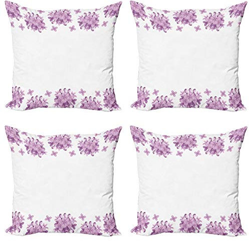 ABAKUHAUS Flowers Throw Pillow Cushion Case Pack of 4, Romantic Lilac Garden, Modern Accent Double-sided Digital Printing, 50 cm x 50 cm, Lilac White