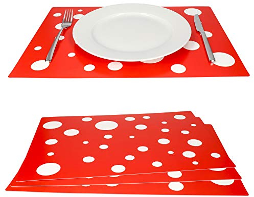 MamboCat 4er Set Tischset rot mit weißen Punkten I farbige Tischsets Kunststoff I Essunterlage Platzdeckchen abwaschbar I Tischmatten Teller Platzset Polypropylen I Retro Tisch Untersetzer 45x32cm