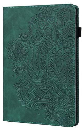 LMFULM® Case for Amazon Kindle Fire HD 8 2016/2017/ 2018 (8.0 Inch) PU Leather Case Protective Shell Smart Case with Sleep/Wake Stand Case Flip Cover Embossing Peacock Flower Green