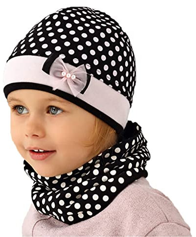 AJS Mütze + Schlauchschal SET Mädchen Übergangsmütze Punkte Schleife Frühling Herbst, Farbe: Rosa, Größe: 52-54