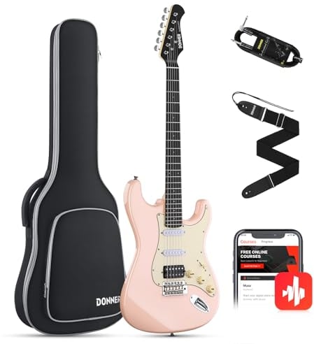 Donner Juego de guitarra eléctrica Full Size, pastillas HSS Coil Split, 39 pulgadas Solid Body ST Guitar Beginner Set con bolsa, correa, cable (Designer Series, Retro Pink)