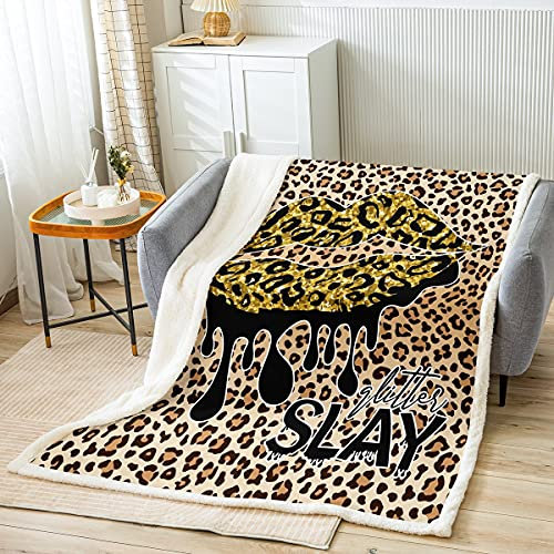 Homewish Küssende Fleecedecke Leoparde Drucken Decke Wurf Gold Lippen Sherpa Decke Für Kinder Mädchen Damen Schlafzimmer Dekor Gepard Krawatte Farbstoff Moderne Mode Fuzzy Decke Sofa Dekor 130x150