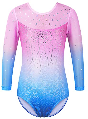 ZNYUNE Kinder Gymnastik Trikot mit Pailletten Mädchen Gymnastikanzug Langarm in Tüll 272 PinkBlue 10A
