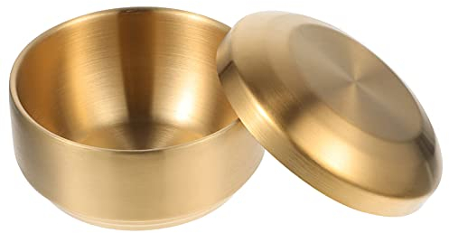 Stainless Steel Double Layer Rice Bowl with Lid - Korean Style, 11.5Cm Diameter, Golden, Ideal for Soup, Noodles, and Salads