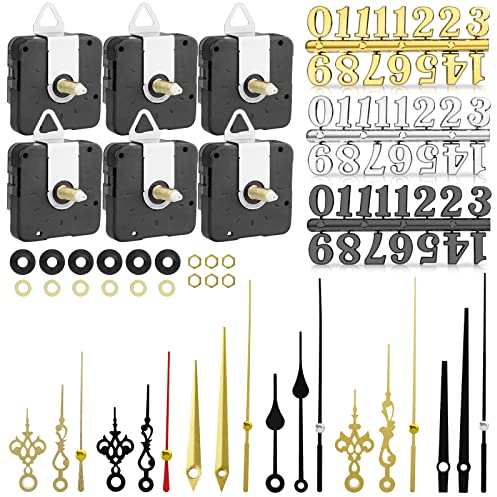 EEEKit Quartz Clock Mechanisms, 6PCS Battery Motor Movement Replacement Parts with 6 Pairs Hands and 6 Sets Numerals for Clock Making (22mm Shaft)