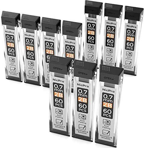 Nicpro Lot de 600 recharges pour porte-mines 0,7 mm, incassables 2B, 60 paquets par tube, 10 tubes