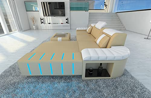 Sofa Bellagio L Form Ecksofa Leder Ledersofa mit LED Licht und Ottomane (Ottomane rechts, Sandbeige-Weiß)