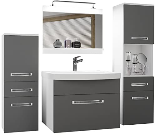 BELINI Meuble de Salle de Bain | Lavabo Inclus, Meuble sous-Vasque, Miroir et 2X Cabinet | Largeur: 140 cm | Kit d'éclairage Inclus | Couleur : Argent Mat