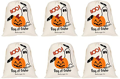 TOPTIE 6 bolsas de regalo grandes de Halloween, sacos de tela de lona con cordones para fiestas temáticas de 14-1/4 x 19 pulgadas