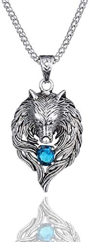 Nordische Wikinger Wolf Halskette für Männer, Zirkonia Wolf Kopf Anhänger Halskette mit 23,6 Kette, Retro Wolf Totem Halskette, Wolf Siegel Amulett Halskette, Punk Tier Wolf Schmuck (Blau)