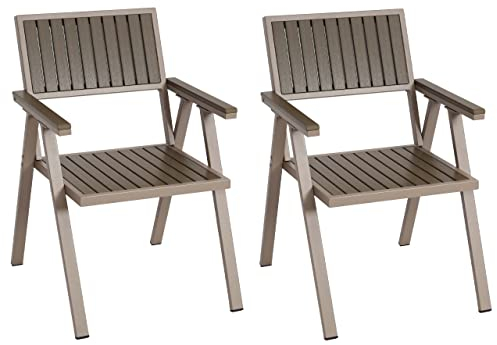 Mendler 2er-Set Gartenstuhl HWC-J95, Balkonstuhl Stuhl, Outdoor-Beschichtung, Aluminium Holzoptik - Gestell Champagner, grau