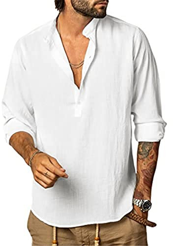 YAOHUOLE Mens Cotton Linen Shirt Long Sleeve Casual Summer Beach Shirts Solid Button Henley White XL