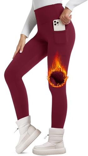 FOTOCITI Thermo Leggings Damen Winter Mit Tasche Thermoleggins Gefütterte Fleece Warme Thermounterwäsche High Waist Lange Sportleggins Yogahose Hose(Weinrot,L-XL)