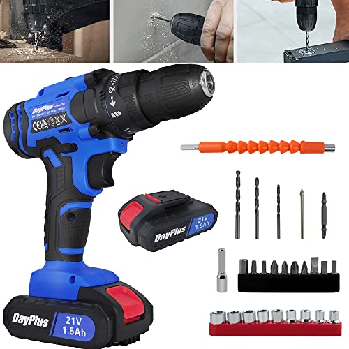 Royalswill Perceuse Visseuse Sans Fil 21V,Visseuse Devisseuse Sans Fil Bricolage batterie & Chargeur,45N.m couple Max Perceuse Percussion,25+1 Réglages de Couple,2 Vitesses,26 Accessoires,LED Bleu