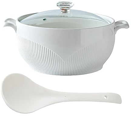 Vnook Soupière Ronde en céramique Blanche, soupière en céramique avec Couvercle en Verre et louche, Bol à Soupe en céramique avec Couvercle en Diamant, soupière en céramique for Restaurant, 2600 ML