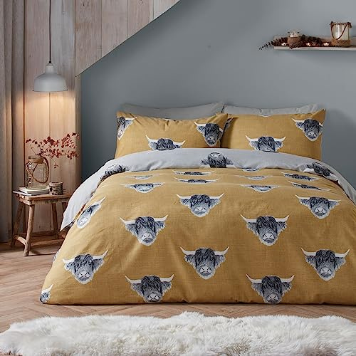 Fusion Ockergelber Hochlandkuh-Bettbezug – Einzelbettgröße (140 x 200 cm) – wendbares Design (Ocker und Grau) – Bauernhofkuh-Bettwäsche in Senfgelb – Hochlandkuh-Geschenke