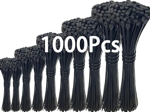 LAIZIHUI 1000 Stück Schwarz Kabelbinder Set 100/150/200/250/300mm x 3,6mm, Kabelbinder UV Beständig mit, Kabelmanagement Gartenarbeit Cable Ties,18kg UV-Beständig Robust