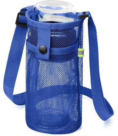 BINSUNS Water Bottle Bag with Strap, Mesh Water Bottle Holder Crossbody Water Sling Bag Shoulder Strap and Pocket - Lightweight Water Bottle Carrier for Walking Sports Hiking Camping (Royal Blue)