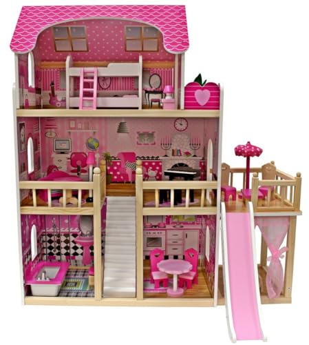4iQ Group Puppenhaus aus Holz 90x30x82cm - Puppenhaus ab 3 Jahre Mädchen - Puppenhaus Groß XXL mit 3 etagen und Rutsche - Dollhouse mit Möbeln und Zubehör, ZAB000027, Rosa