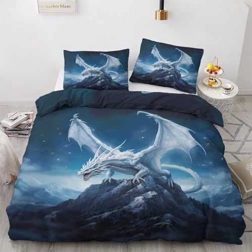 GEDAEUBA Winter Bettwäsche 200x220 Drachen - Fantasy Drachenmotiv Bettbezug 200 x 220 3 teilig, Wendebettwäsche und Kissenbezug 80x80, Weiche & Angenehme Mikrofaser Bettwäsche-Sets mit Reißverschluss