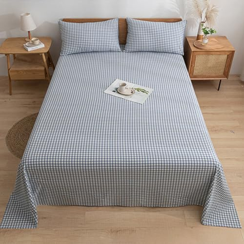 TTiiLoe Bettwäsche-Set aus 100 % gewaschener Baumwolle, kariert/einfarbig, Bettlaken mit 2 Kissenbezügen, pflegeleicht, einfarbig, blaues Gitter, Einzelbett