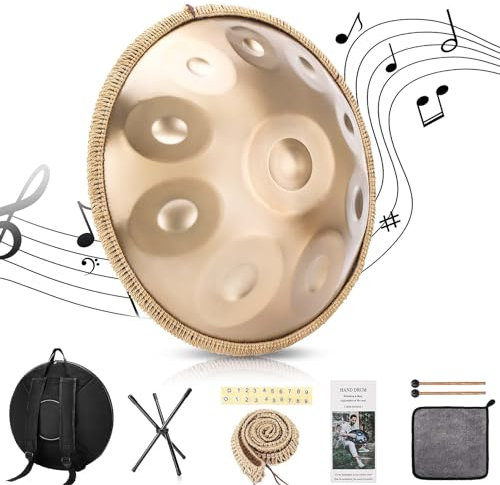 Handpan Drum in D Moll 432Hz 10 Töne 22 Zoll Stahl Pan, mit weicher Handpan Tasche, Handtrommelständer, Schlägeln, Harmonische Percussion, für Klangheilung, persönliche Meditation, Yoga