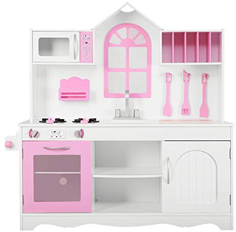 COSTWAY Kinderküche, Spielküche Holz mit Spüle & Haken & Ofen & Mikrowelle, Kinder Küche inkl. Zubehör, Spielzeugküche für Kinder ab 3 Jahren, Rosa und Weiß
