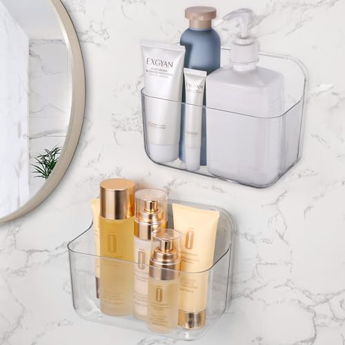 2PCS Bathroom Shelf No Drill, Plastic Shower Caddy, Self Adhesive Shelves, Clear Shower Basket, Acrylic Shelf 25kg Load Capacity, Small Shower Caddy Drainage Design, Bathroom Caddy for Shampoo Storage
