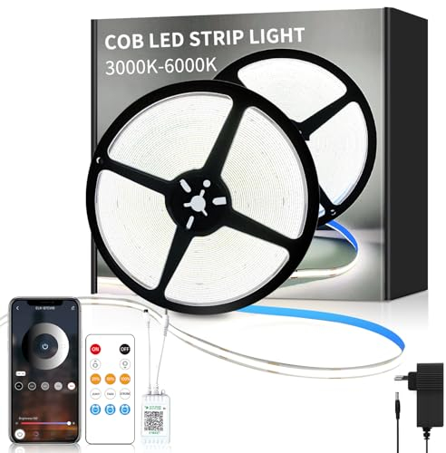 Yeewhale cob Led strip 10m,mit Fernbedienung,APP Steuerung,DC24V 6000k Weiß LED band,flexible Dimmbar COB LED Streifen,anwendbar auf Schlafzimmer, Raum,DIY Dekoration