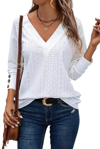 Dokotoo Bluse Damen Elegant Oberteile Langarm V-Ausschnitt Pullover Hemd Lässig Damenblusen Ausgehöhlte Spitze Bestickt Top Shirts Schicke Knöpfe Manschetten Blusen Tuniken Einfarbig Tops Weiß 2XL