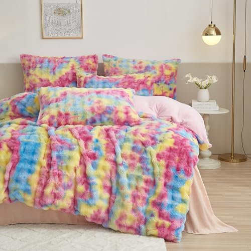 DXHOME Winter Warme Bettwäsche 135x200cm Bunt Flauschig Plüsch Kuschelig Kaninchenfell Bettwäsche Set Flanell Cashmere Touch Bettbezug mit Reißverschluss und 1 Kissenbezug 80x80 cm